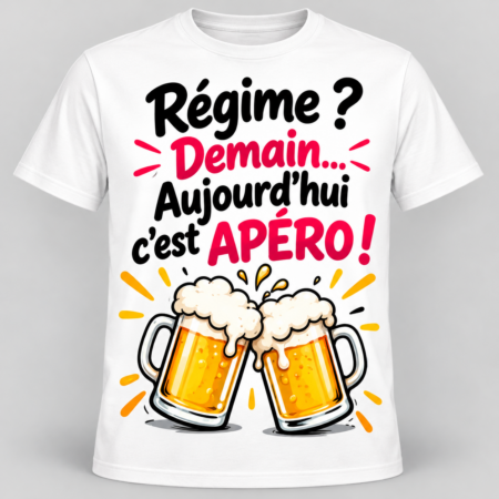 T-shirt humour blanc « Régime ? Demain… Aujourd'hui c'est apéro » avec deux chopes de bière