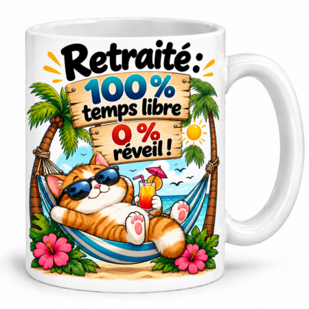 Mug humour “Retraité : 100 % temps libre, 0 % réveil”