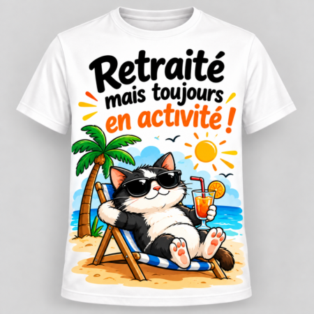 T-shirt humour blanc « Retraité mais toujours en activité » avec un chat sur un transat