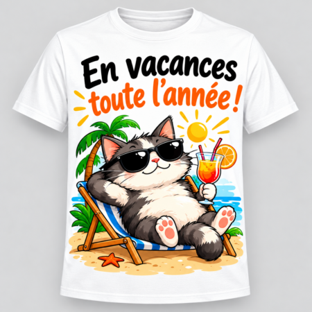 T-shirt humour blanc « En vacances toute l'année » avec un chat à la plage
