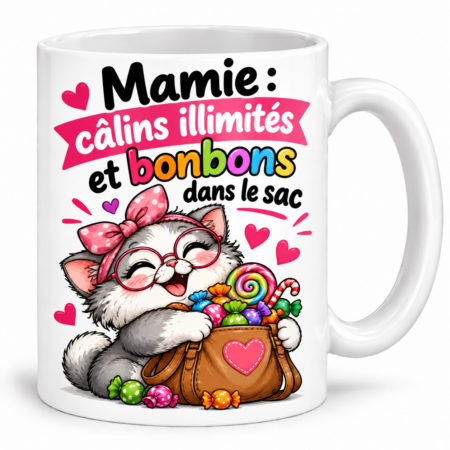 Mug humour “Mamie : câlins illimités et bonbons dans le sac”