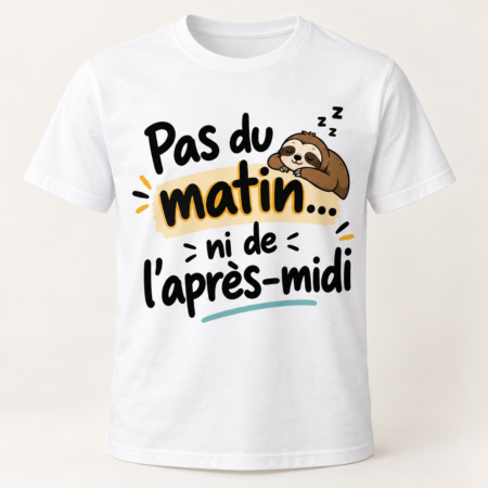 T-shirt humour blanc « Mode économie d'énergie » avec un paresseux endormi