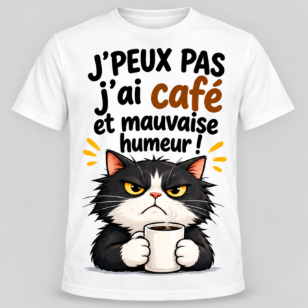 T-shirt humour blanc « J'peux pas j'ai café et mauvaise humeur » avec un chat grognon