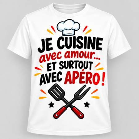 T-shirt humour blanc « Je cuisine avec amour… et surtout avec apéro »