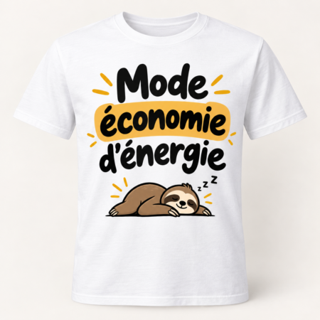 T-shirt humour blanc « Pas du matin… ni de l'après-midi » avec un paresseux endormi