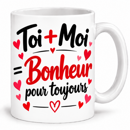 Mug couple “Toi + Moi = Bonheur pour toujours”