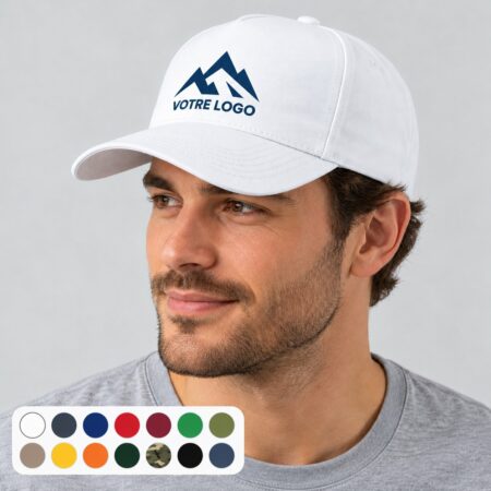 Casquette blanche portée avec logo imprimé et pastilles des 14 coloris disponibles