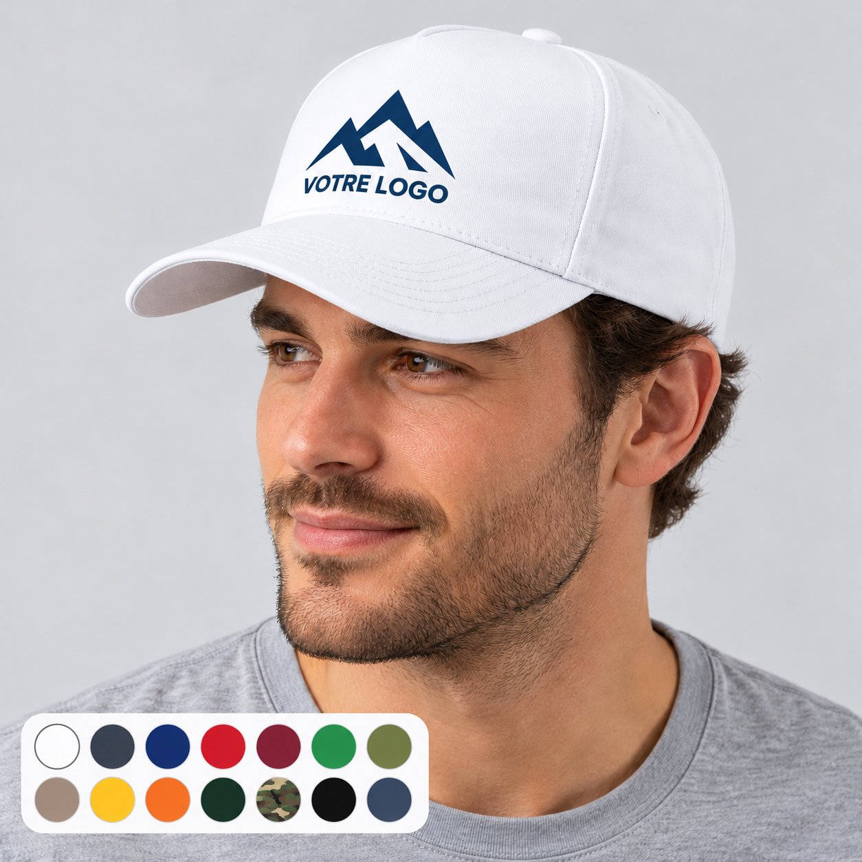 Casquette blanche portée avec logo imprimé et pastilles des 14 coloris disponibles