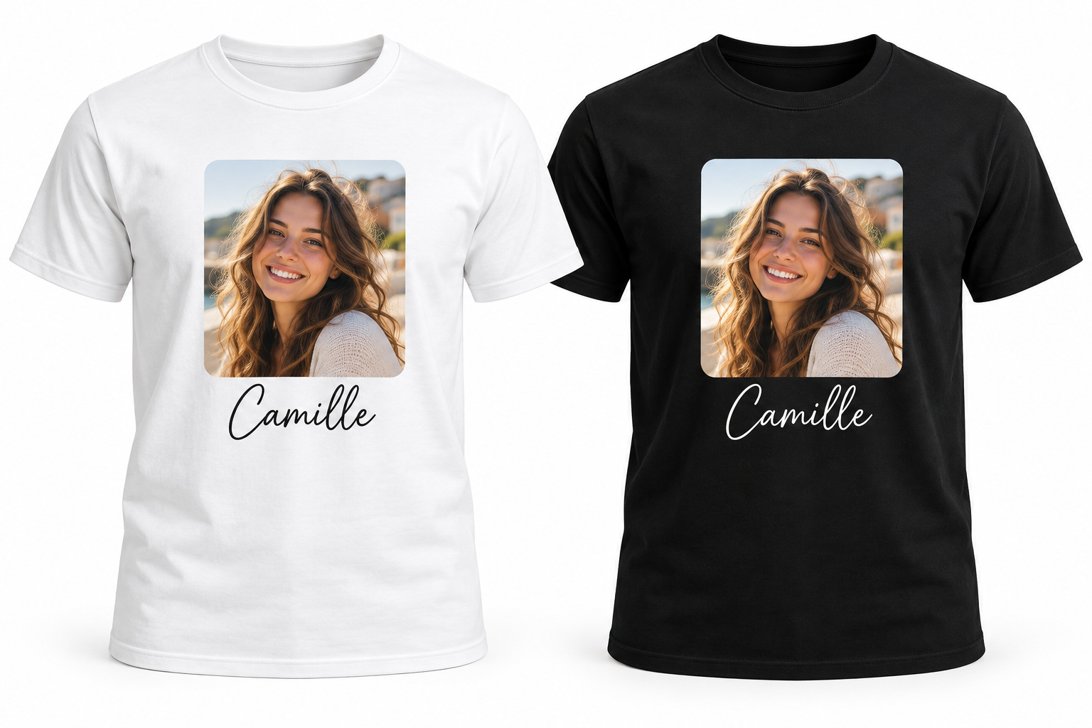 T-shirt personnalisé photo et prénom en blanc et noir – exemple Camille