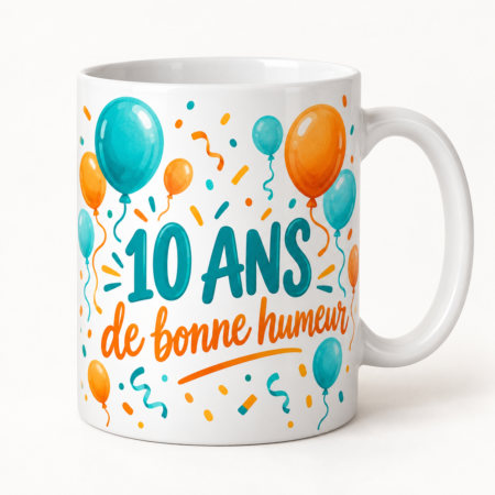 Mug blanc illustré « 10 ANS de bonne humeur »