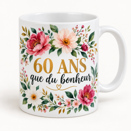 Mug blanc illustré « 60 ANS que du bonheur »