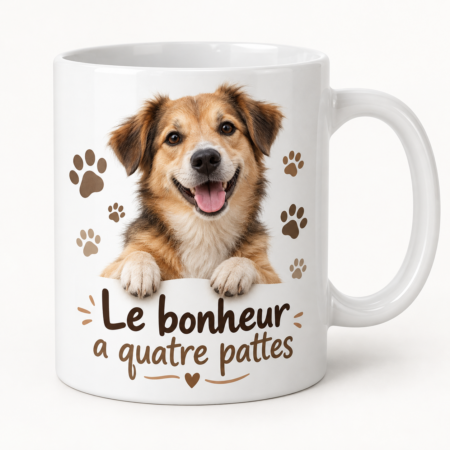 Mug blanc illustré « Le bonheur a quatre pattes »