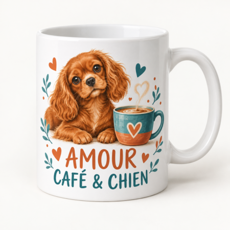 Mug blanc illustré « AMOUR CAFÉ & CHIEN »