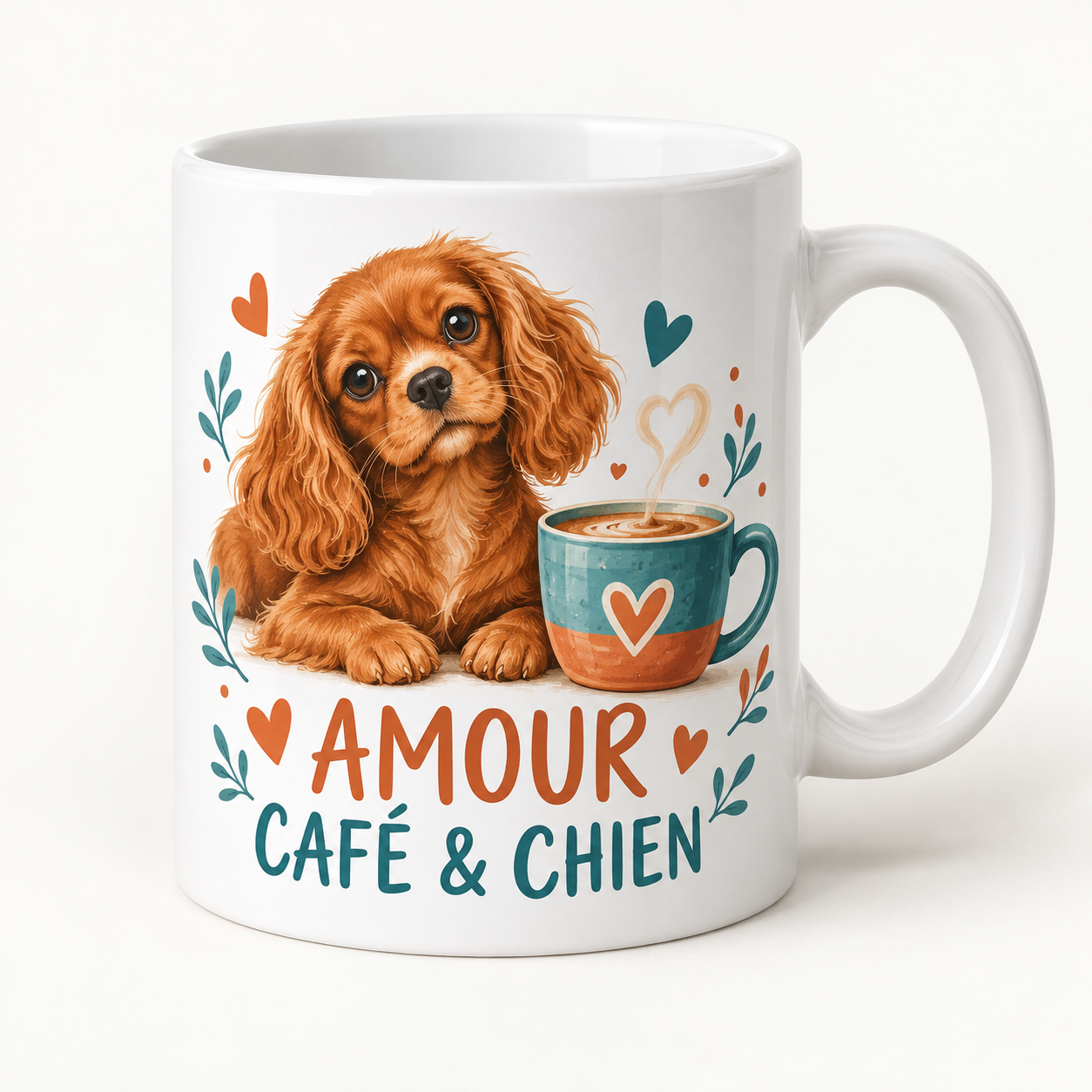 Mug blanc illustré « AMOUR CAFÉ & CHIEN »