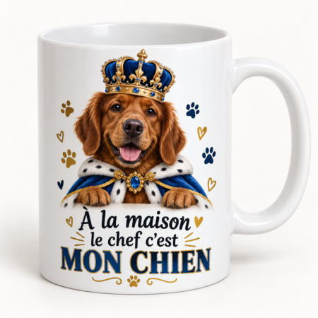 Mug blanc illustré « À la maison le chef c’est MON CHIEN »