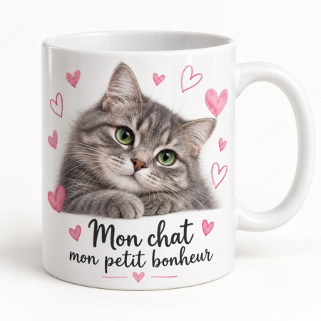 Mug blanc illustré « Mon chat mon petit bonheur »