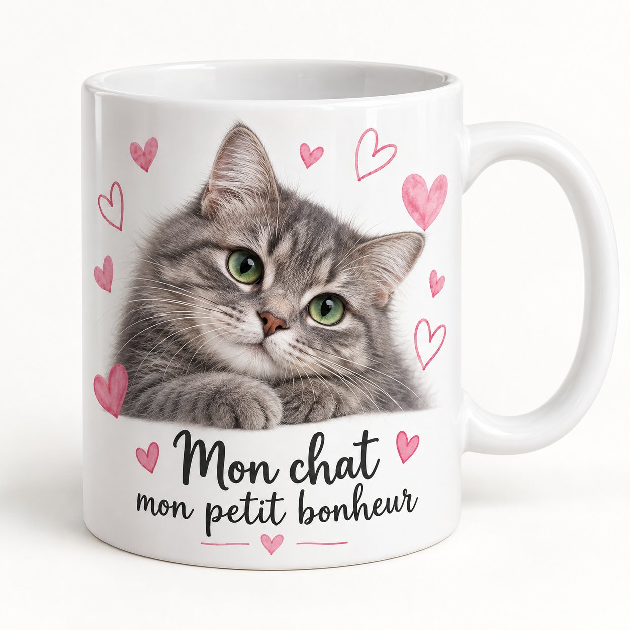 Mug blanc illustré « Mon chat mon petit bonheur »