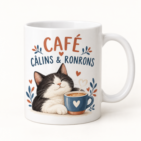 Mug blanc illustré « CAFÉ CÂLINS & RONRONS »