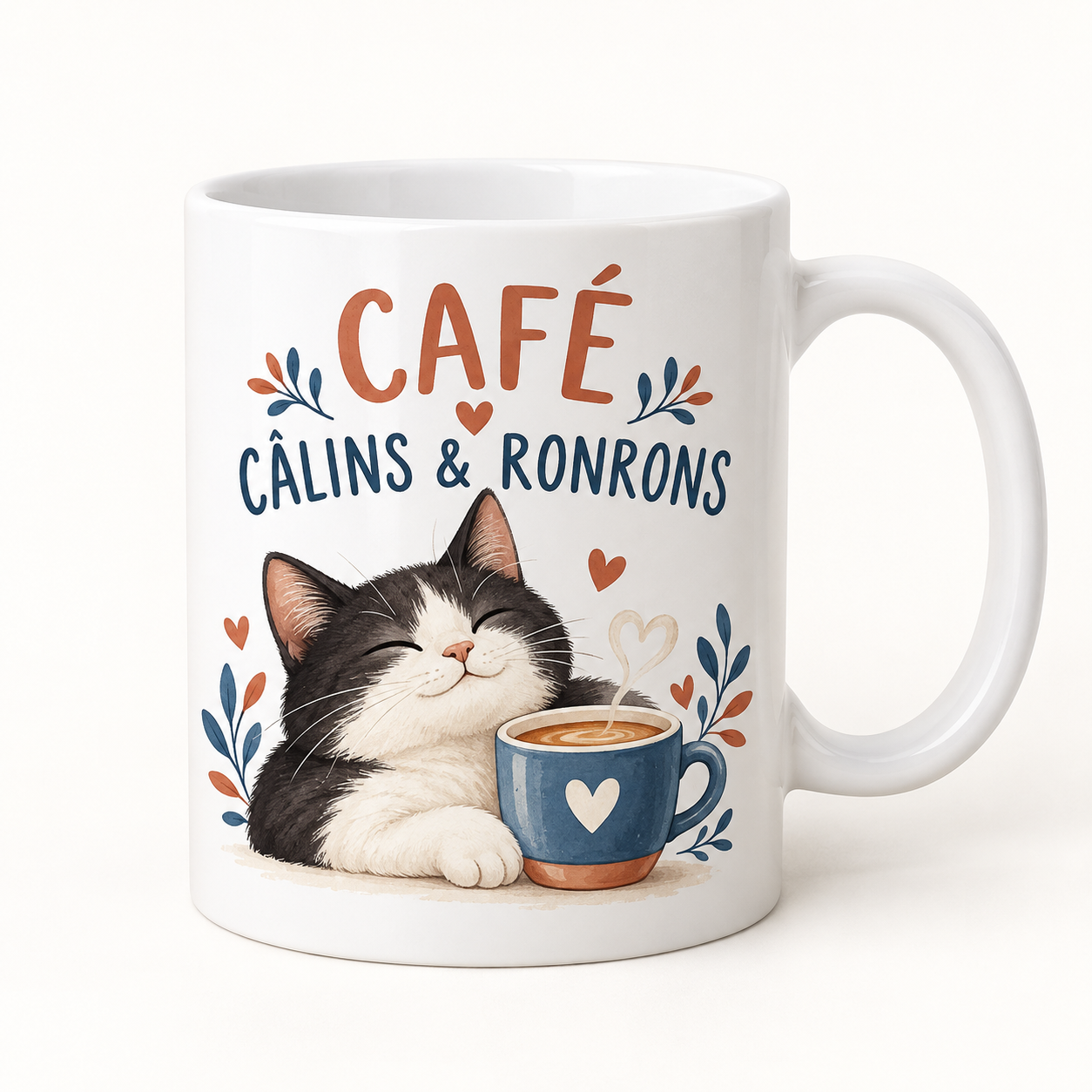 Mug blanc illustré « CAFÉ CÂLINS & RONRONS »
