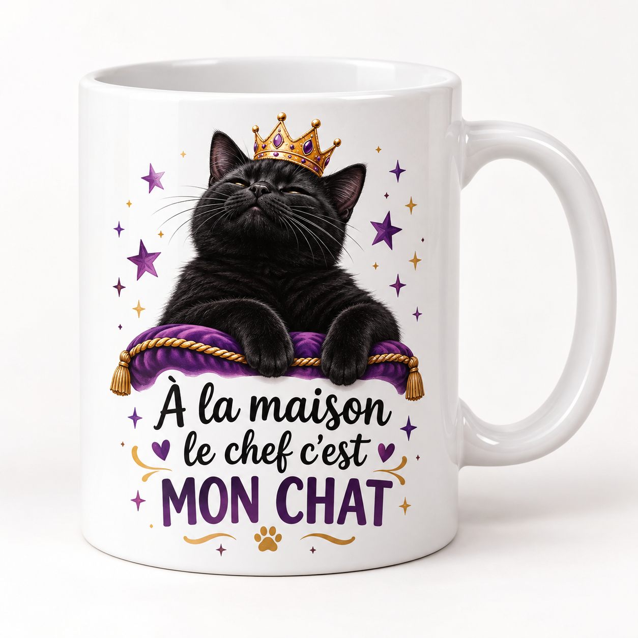 Mug blanc illustré « À la maison le chef c’est MON CHAT »