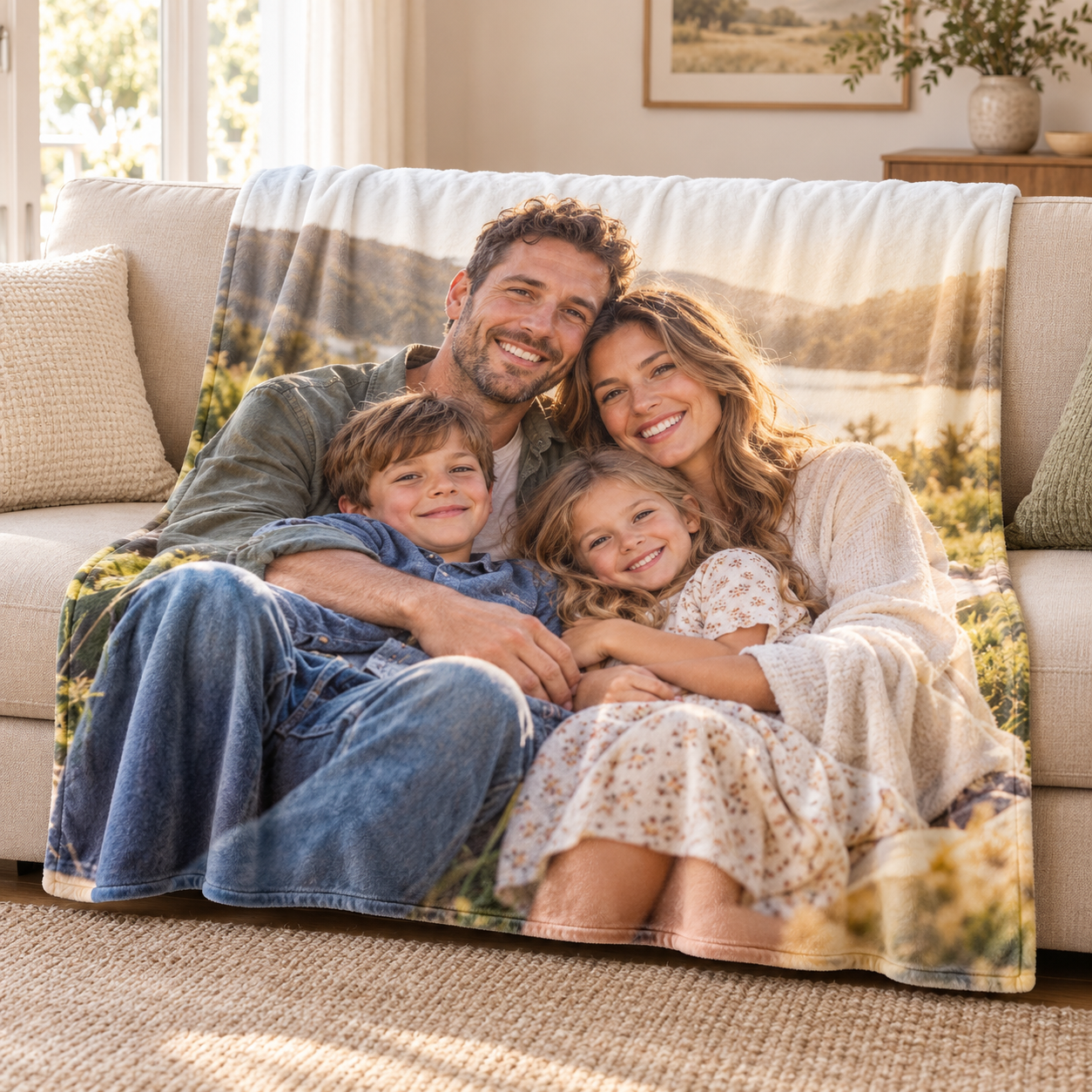 Exemple de plaid personnalisé photo de famille présenté sur un canapé