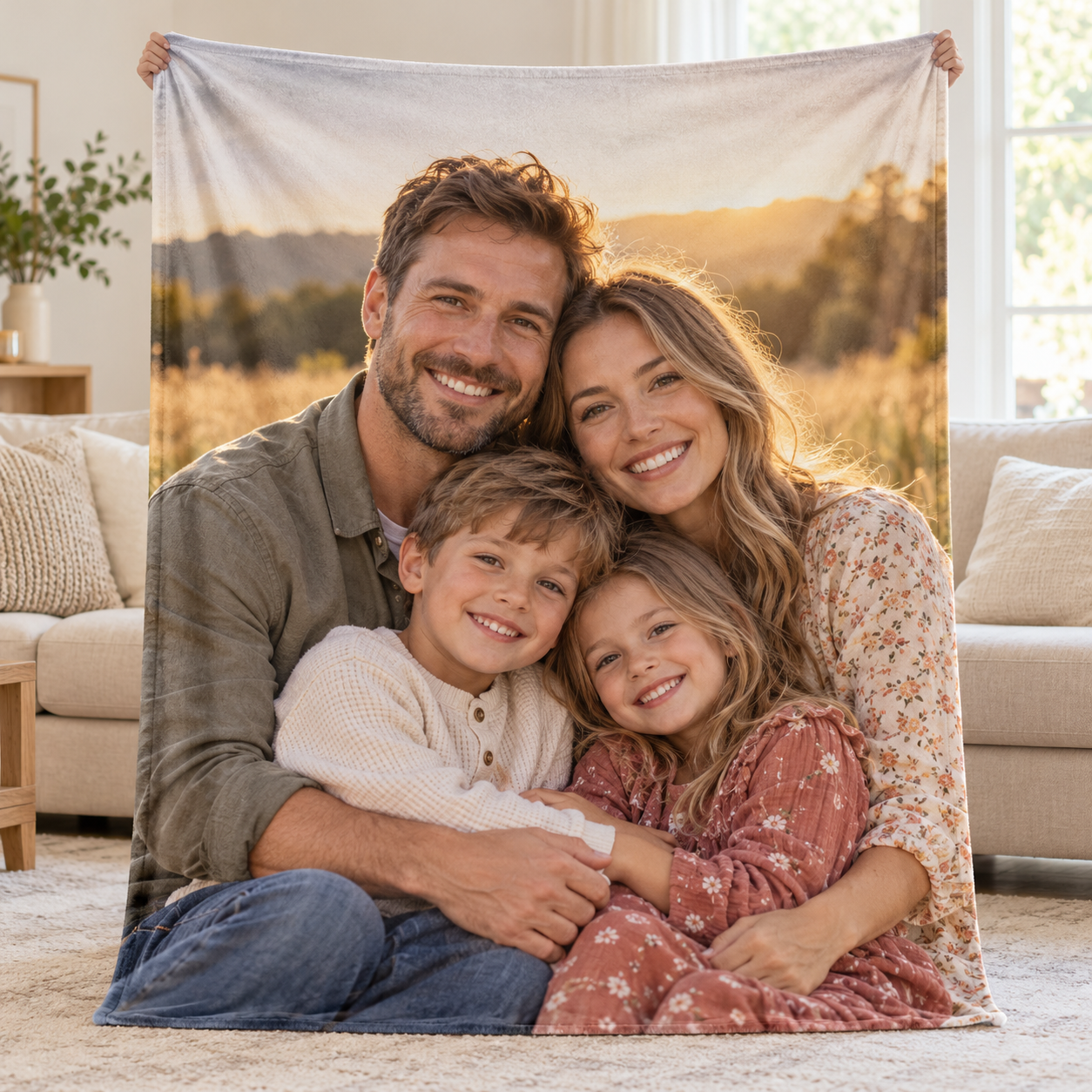 Exemple de plaid déployé avec une photo de famille imprimée sur toute la face