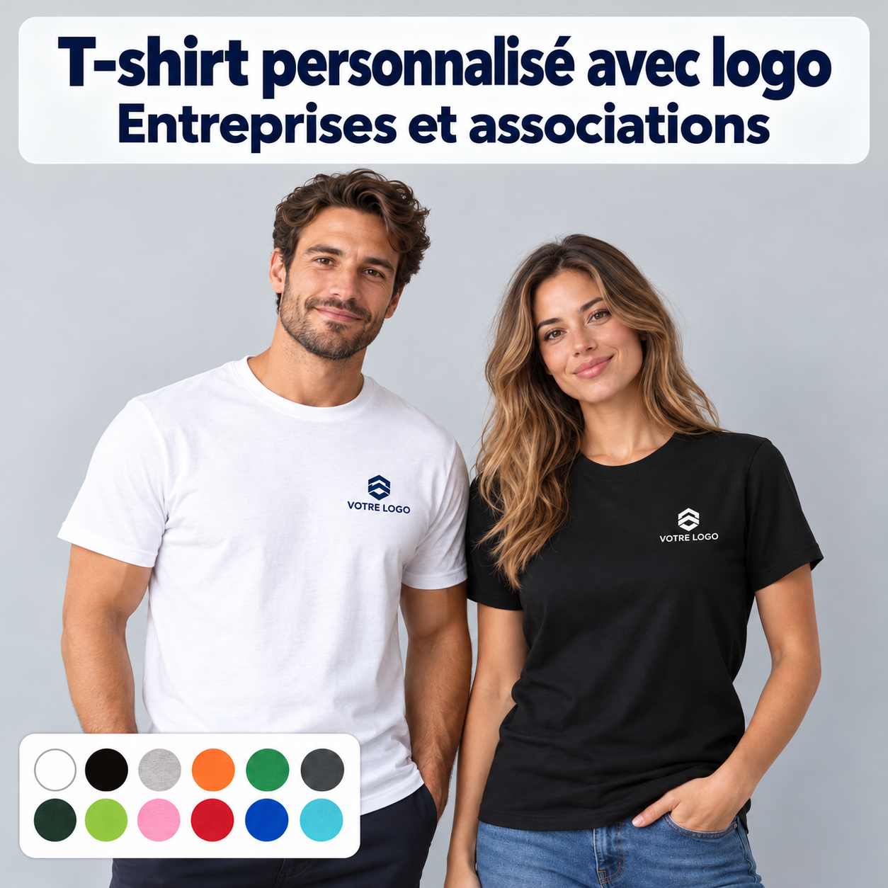 T-shirt personnalisé avec logo – Entreprises et associations : modèles blanc et noir avec pastilles des 12 coloris
