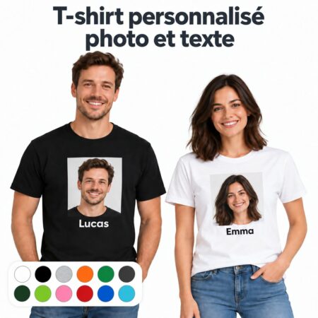 Homme et femme portant des t-shirts personnalisés avec photo et texte, accompagnés des pastilles des 12 coloris disponibles