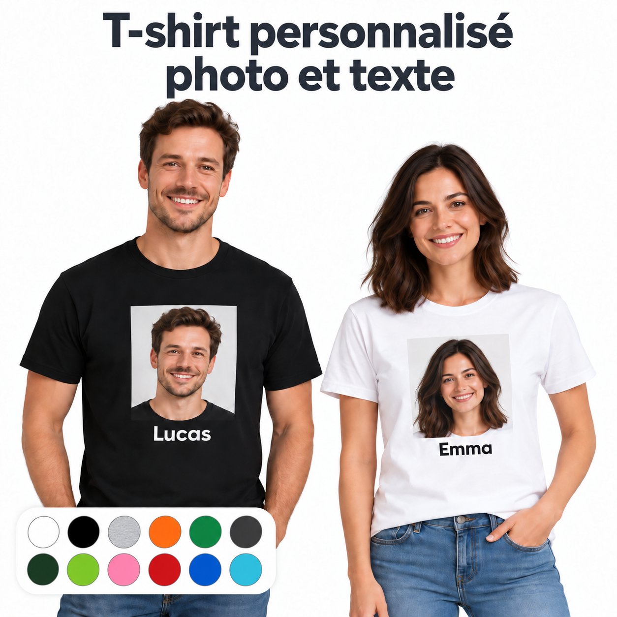 Homme et femme portant des t-shirts personnalisés avec photo et texte, accompagnés des pastilles des 12 coloris disponibles