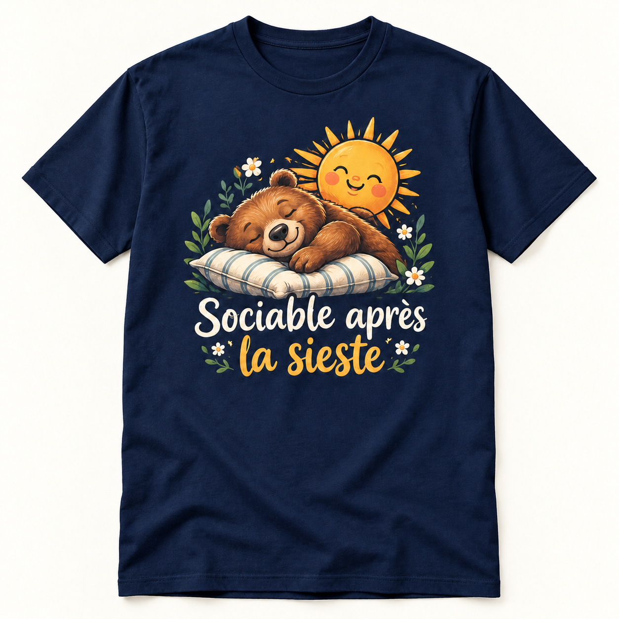 T-shirt bleu marine avec motif ours endormi et inscription « Sociable après la sieste »