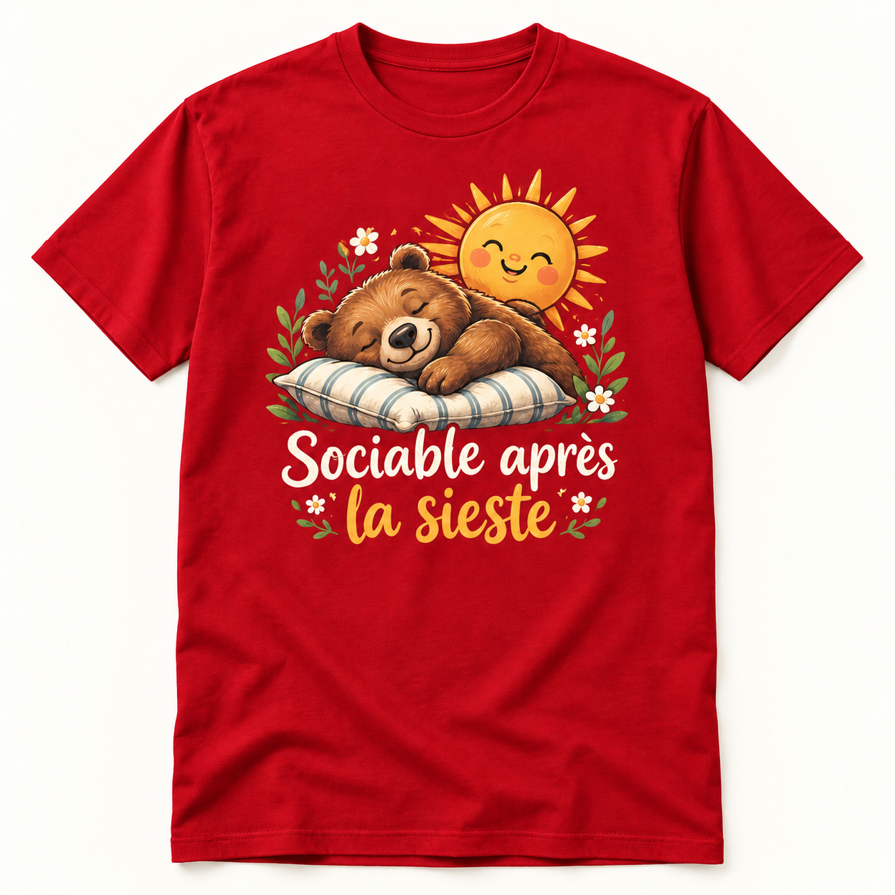 T-shirt rouge avec motif ours endormi et inscription « Sociable après la sieste »