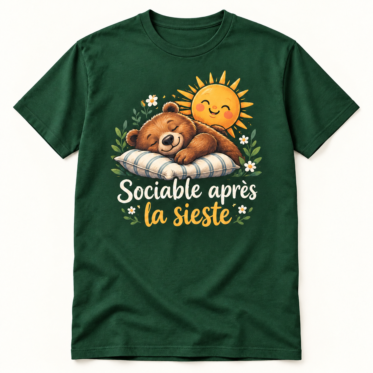 T-shirt vert avec motif ours endormi et inscription « Sociable après la sieste »