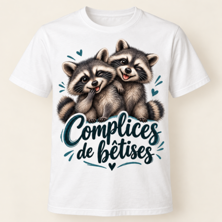 T-shirt Complices de bêtises — motif présenté sur t-shirt blanc