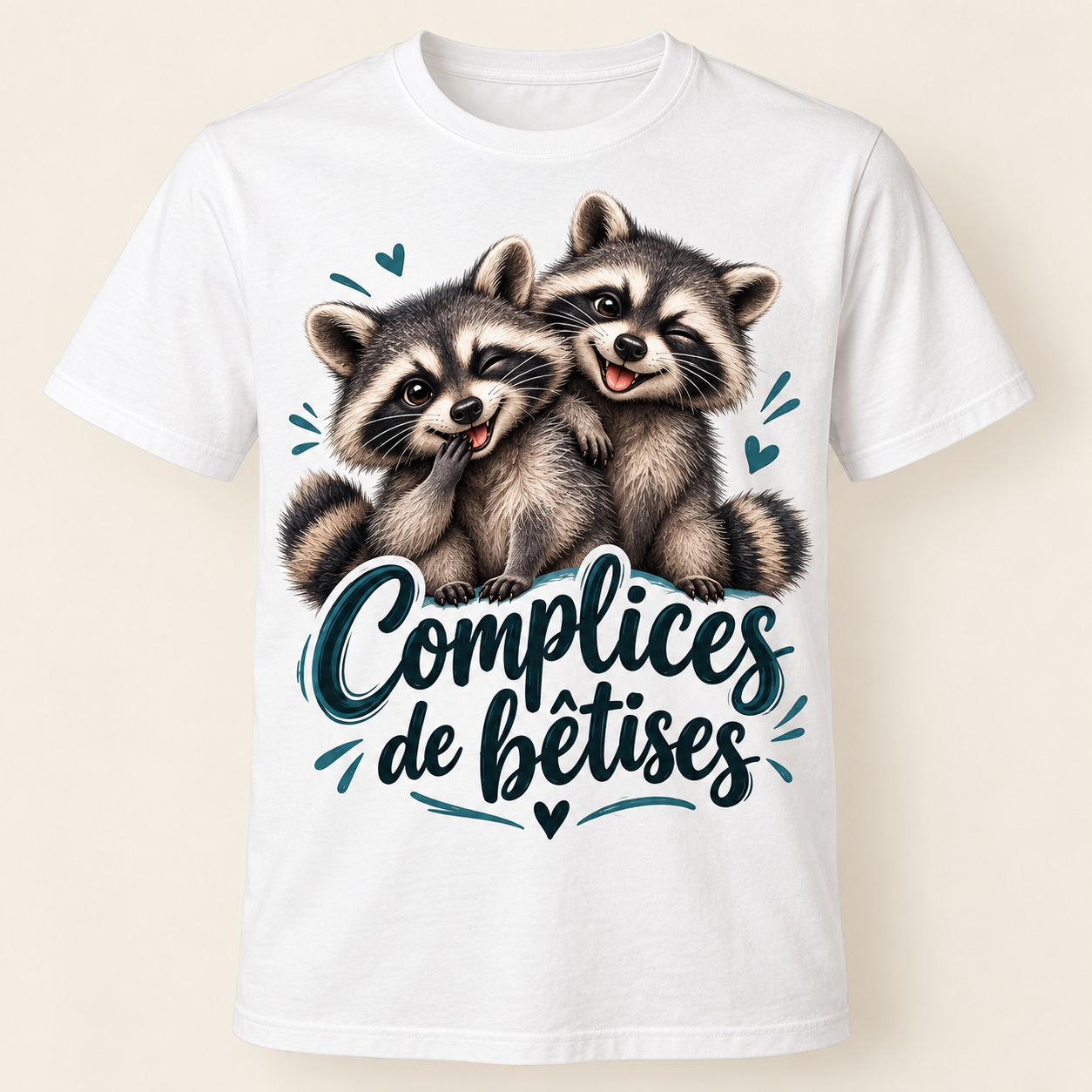 T-shirt Complices de bêtises — motif présenté sur t-shirt blanc