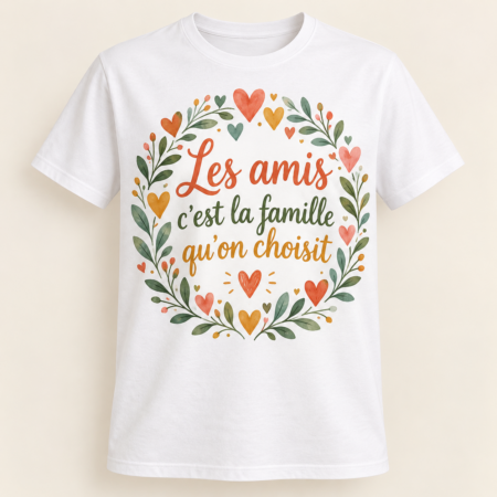 T-shirt Les amis c’est la famille qu’on choisit — motif présenté sur t-shirt blanc