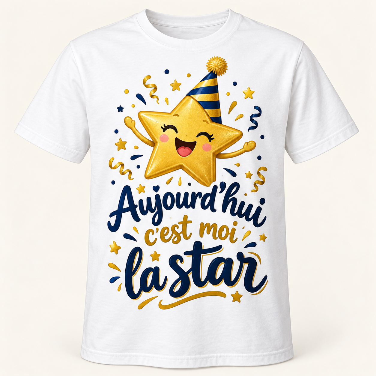 T-shirt Aujourd’hui c’est moi la star — motif présenté sur t-shirt blanc