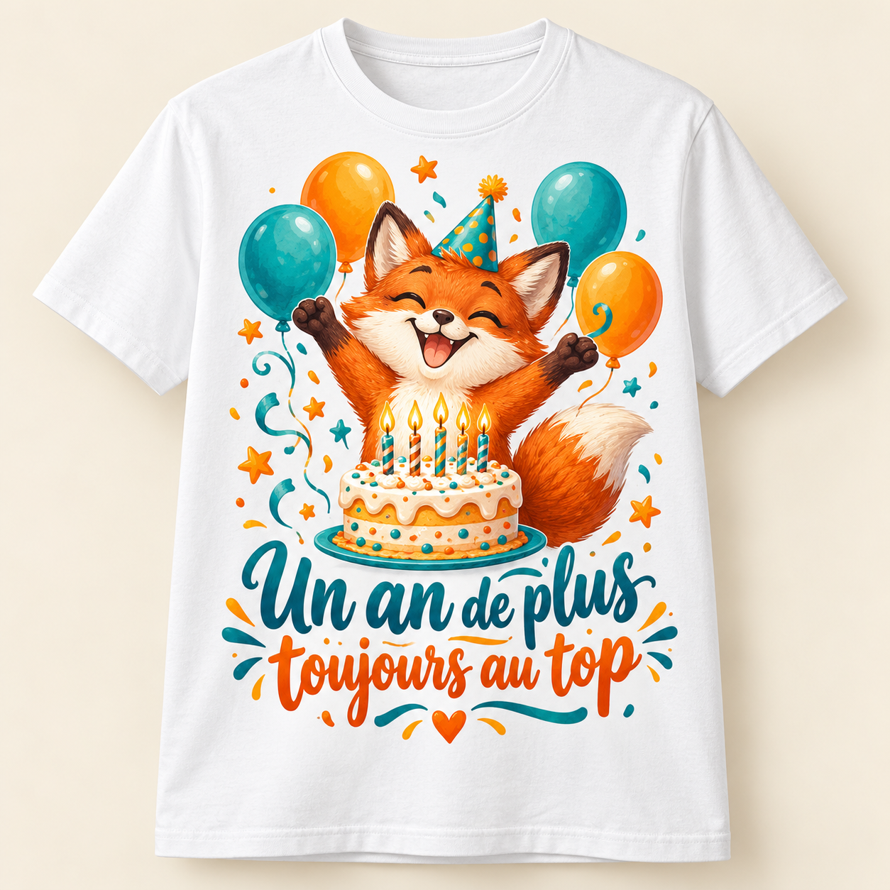 T-shirt Un an de plus toujours au top — motif présenté sur t-shirt blanc