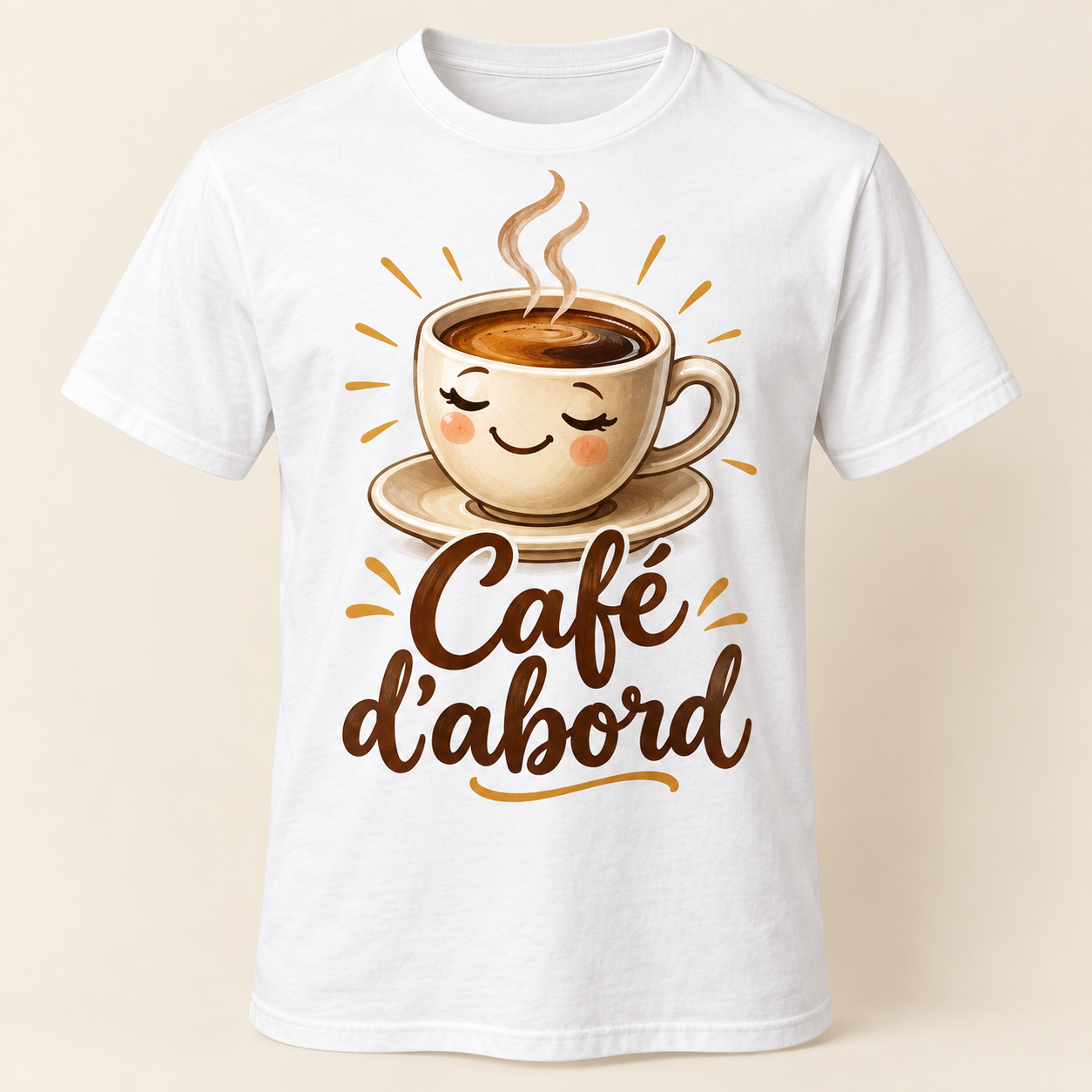T-shirt Café d’abord — motif présenté sur t-shirt blanc