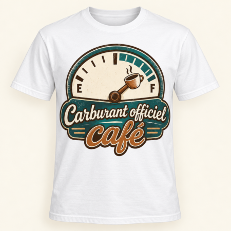 T-shirt Carburant officiel café — motif présenté sur t-shirt blanc