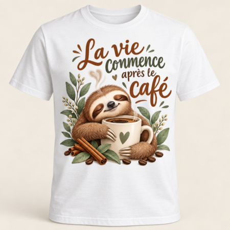 T-shirt La vie commence après le café — motif présenté sur t-shirt blanc