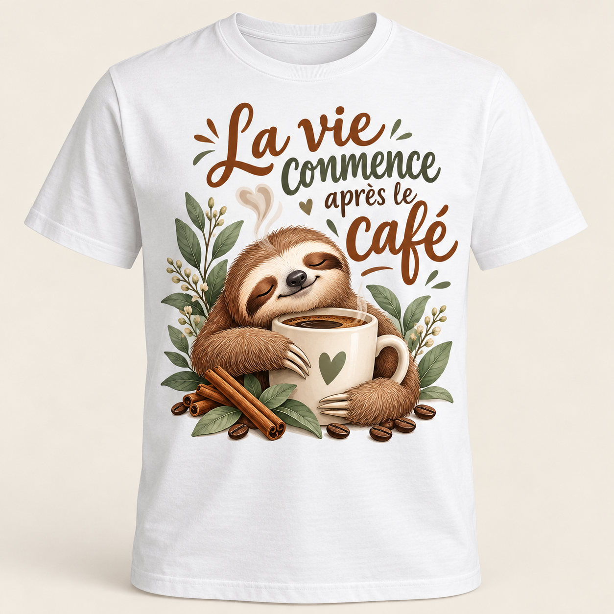 T-shirt La vie commence après le café — motif présenté sur t-shirt blanc