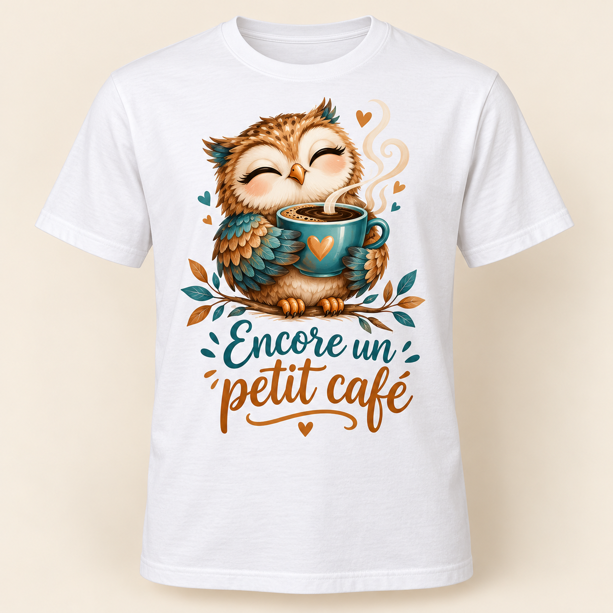 T-shirt Encore un petit café — motif présenté sur t-shirt blanc