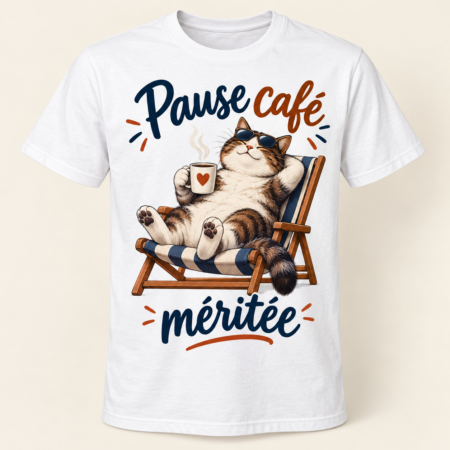 T-shirt Pause café méritée — motif présenté sur t-shirt blanc