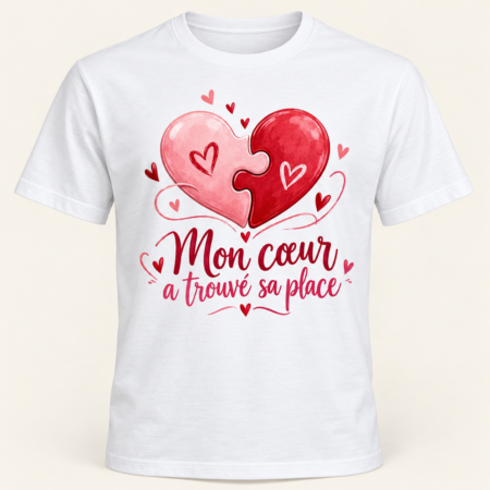 T-shirt Mon cœur a trouvé sa place — motif présenté sur t-shirt blanc