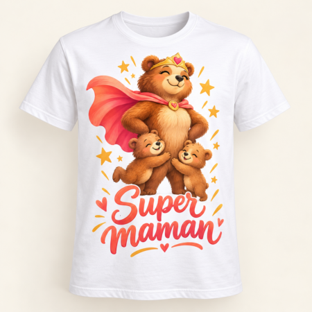 T-shirt Super maman — motif présenté sur t-shirt blanc