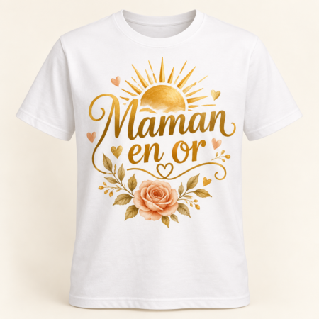 T-shirt Maman en or — motif présenté sur t-shirt blanc