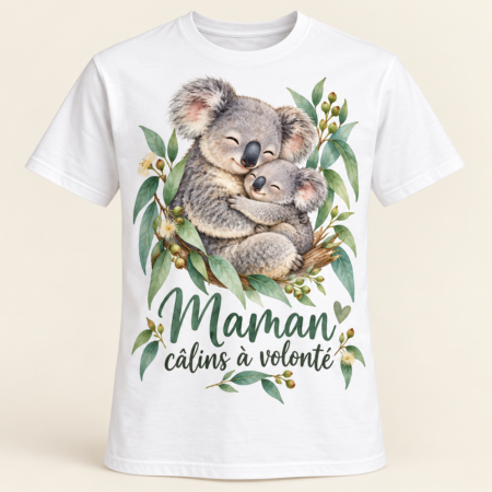 T-shirt Maman câlins à volonté — motif présenté sur t-shirt blanc