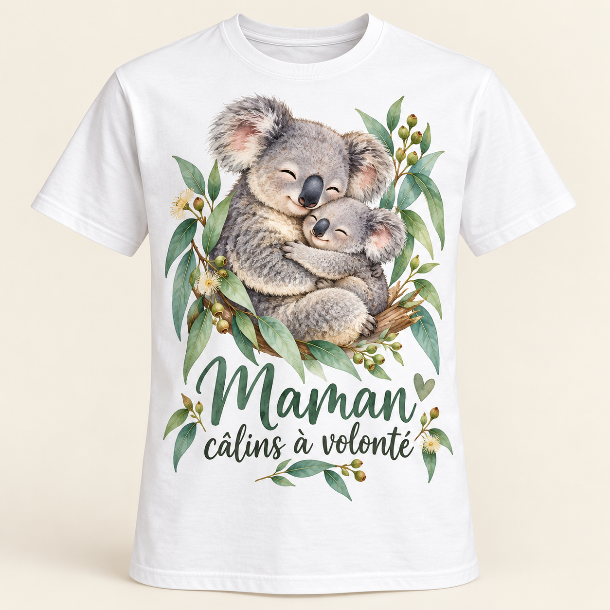 T-shirt Maman câlins à volonté — motif présenté sur t-shirt blanc