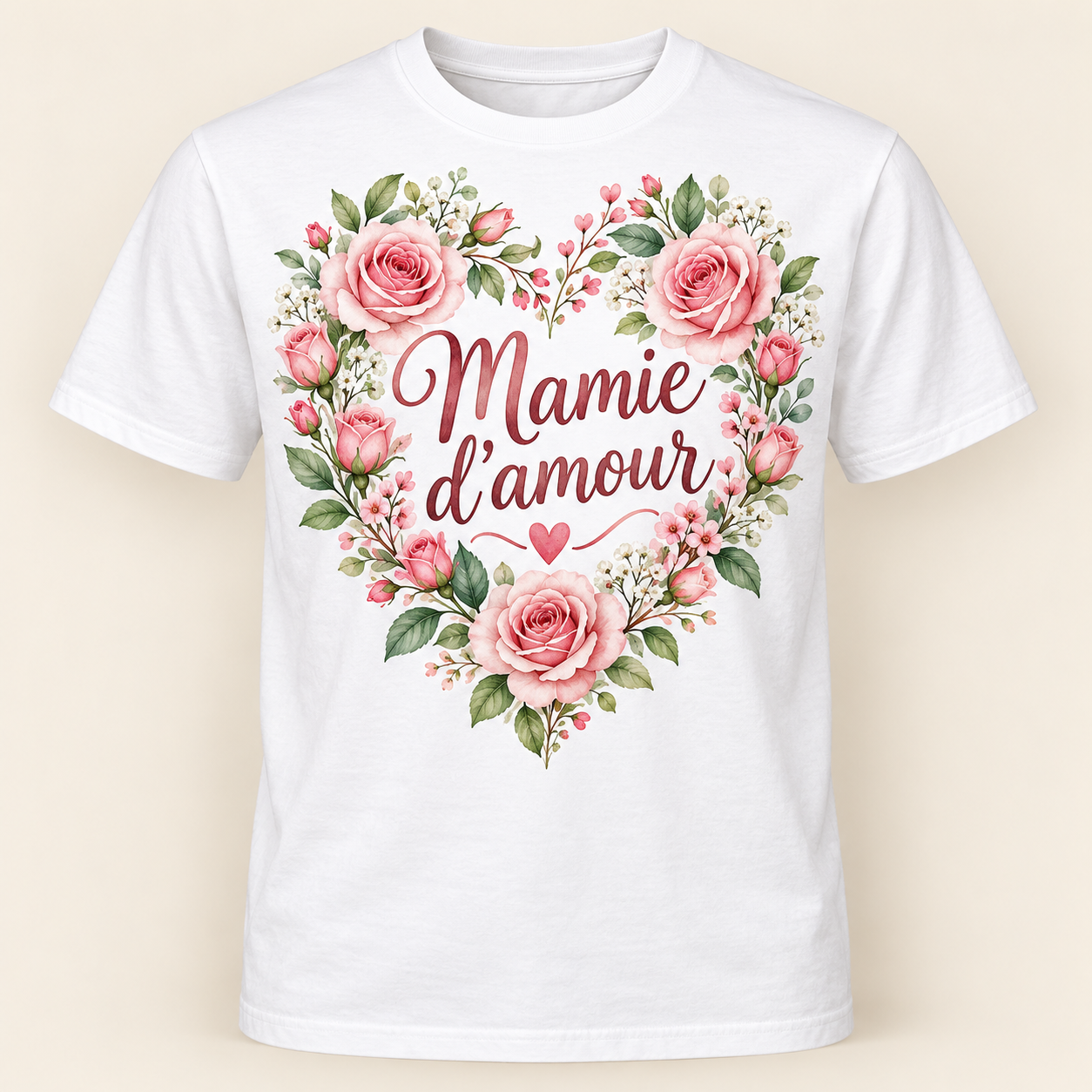 T-shirt Mamie d’amour — motif présenté sur t-shirt blanc