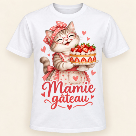 T-shirt Mamie gâteau — motif présenté sur t-shirt blanc